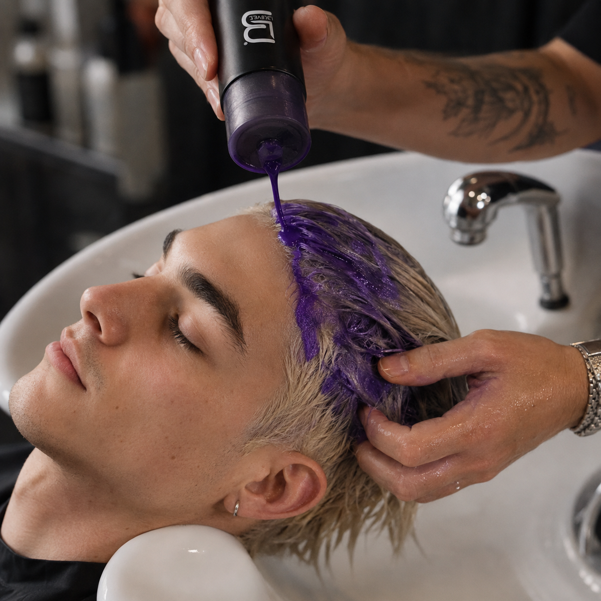 Aplicación y emulsionado de champú violeta L3VEL3 en lavacabezas para matizar cabello decolorado