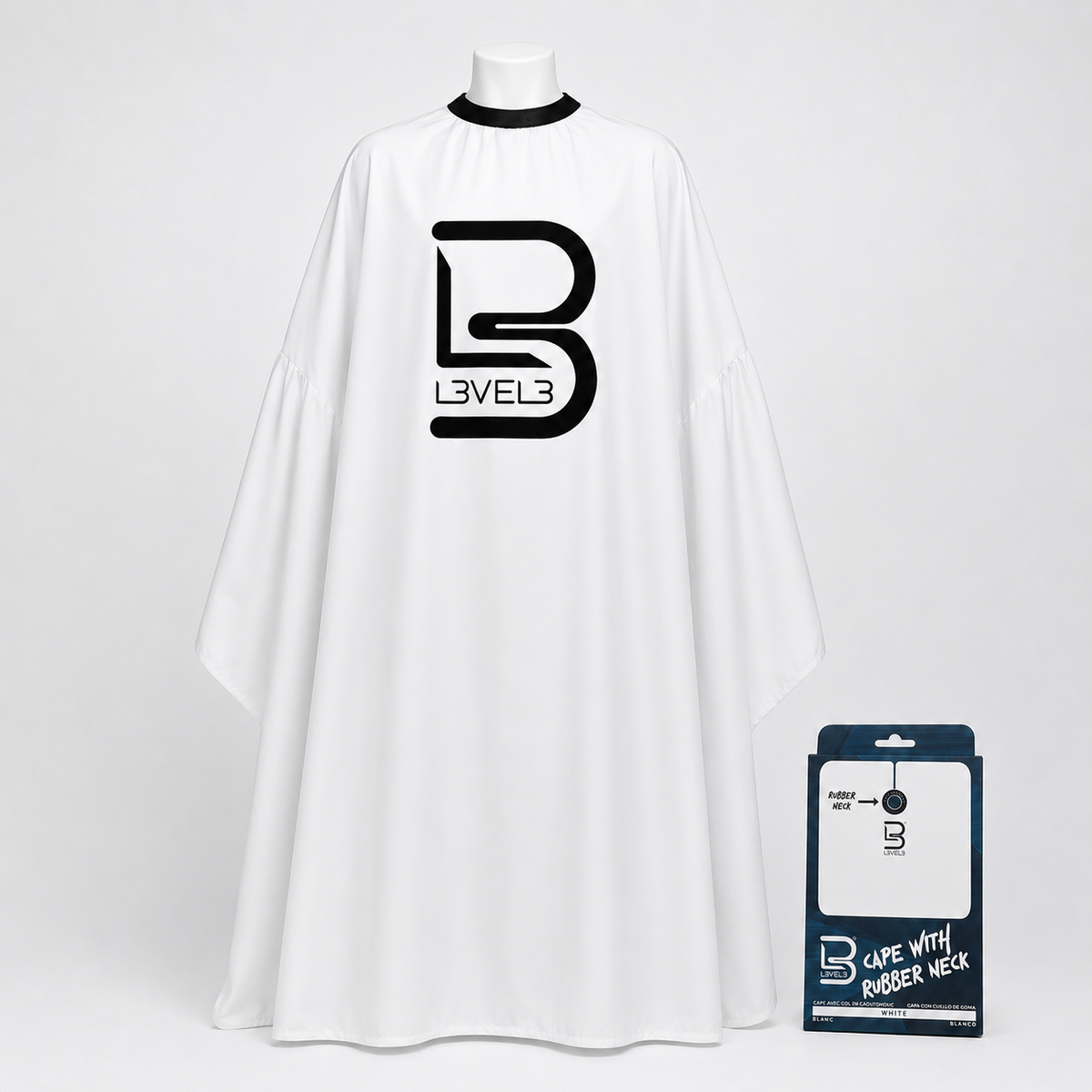 Capa de peluquería y barbería con cuello de caucho L3VEL3 color blanco