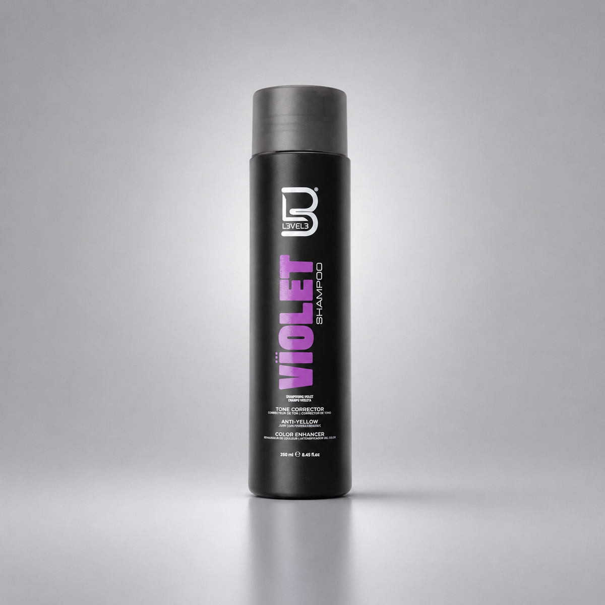 Botella de champú matizador violeta anti-amarillo L3VEL3 Violet Shampoo de 280 ml