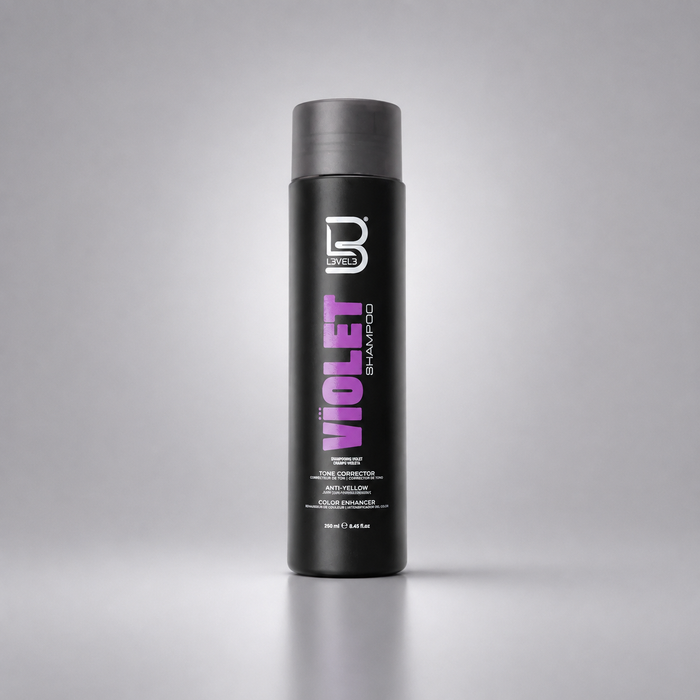 Botella de champú matizador violeta anti-amarillo L3VEL3 Violet Shampoo de 280 ml