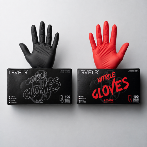 Guantes de nitrilo profesionales L3VEL3 en color negro y rojo caja de 100 unidades
