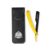 Navaja de carril Blessed con mango amarillo y funda de transporte negra para barbero