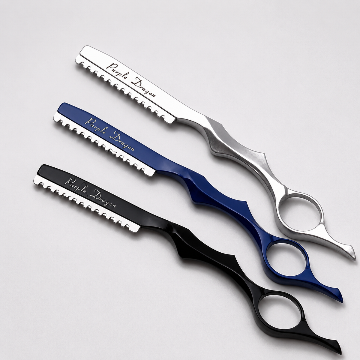 Juego de navajas japonesas profesionales para texturizar y desfilar cabello en plata azul y negro