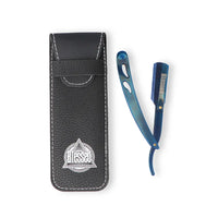 Navaja de barbero profesional Blessed color azul metálico con funda de transporte