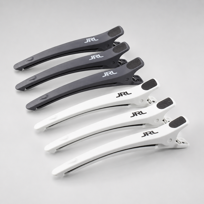 Pack de 6 pinzas profesionales de seccionado para peluquería y barbería JRL en color blanco y negro
