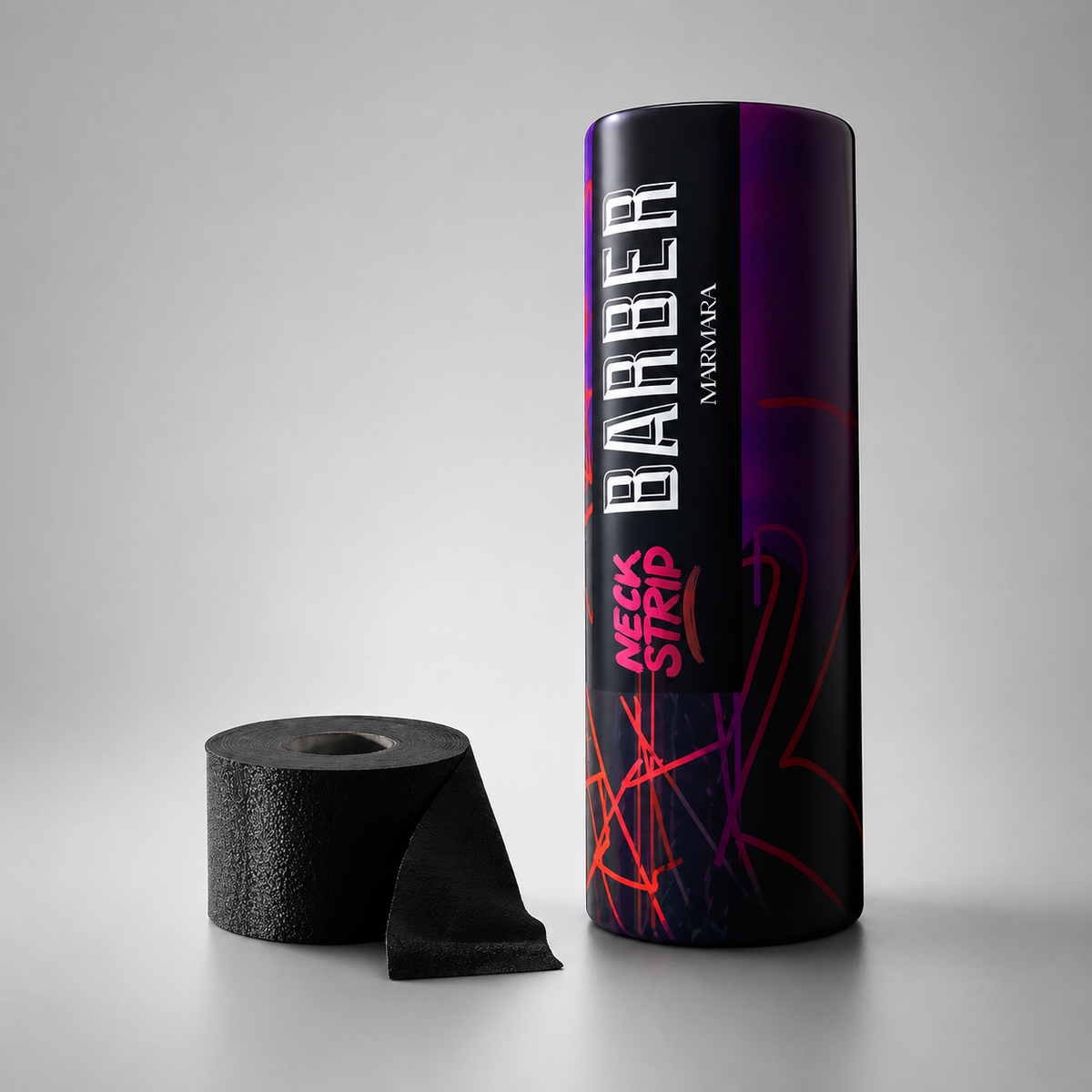 Tubo y rollo de tiras de papel de cuello elástico Marmara Barber color negro para barbería