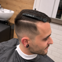 Uso de pinza cocodrilo L3VEL3 para sujetar secciones de cabello durante un degradado en barbería