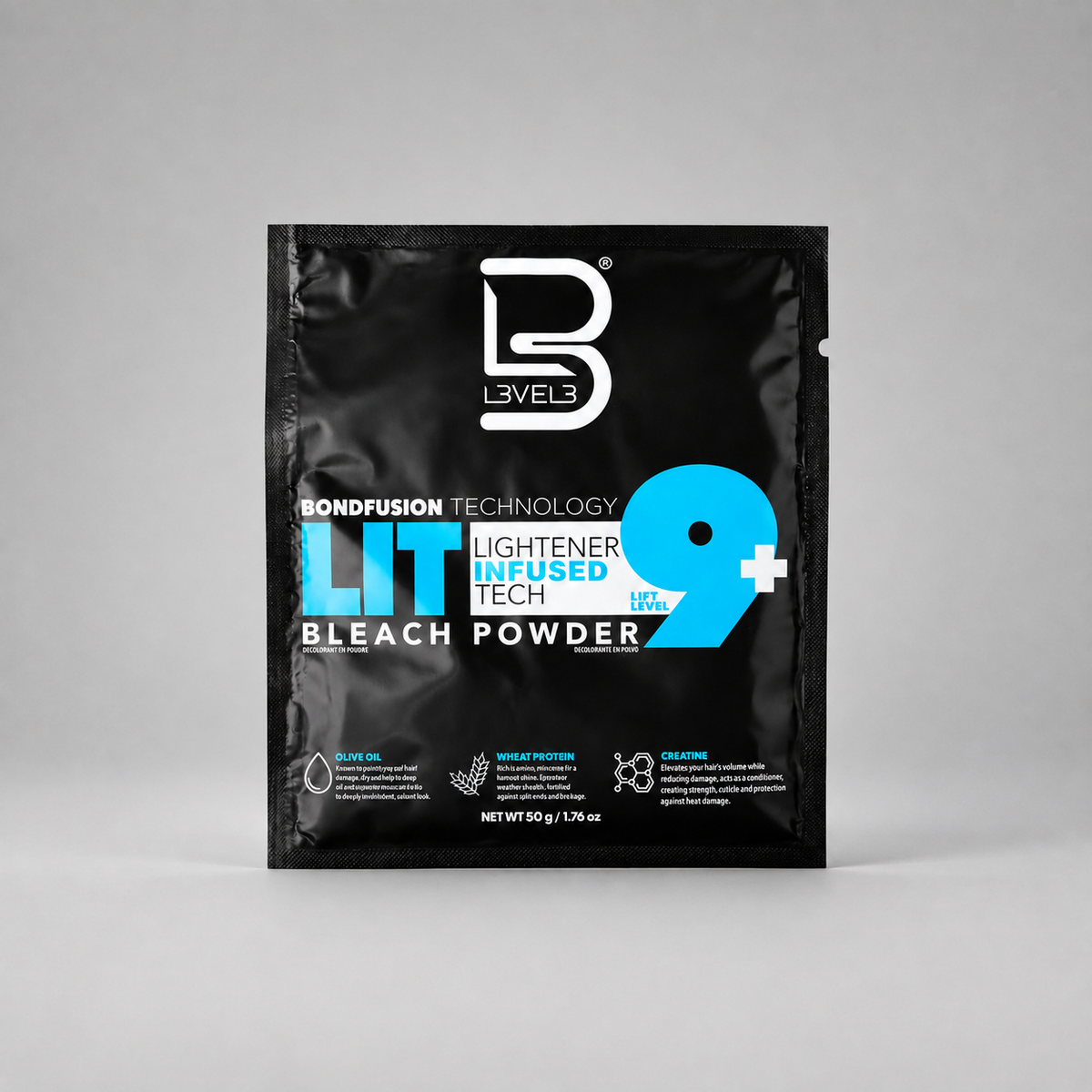 Sobre de polvo decolorante profesional L3VEL3 Lit Bleach Powder 9+ de 50 g para barbería