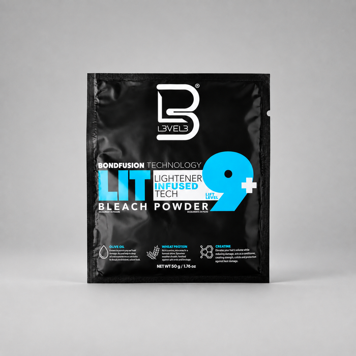 Sobre de polvo decolorante profesional L3VEL3 Lit Bleach Powder 9+ de 50 g para barbería