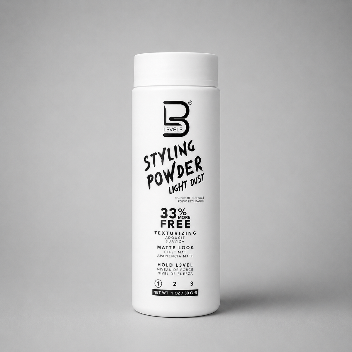 Bote de polvo voluminizador fijación ligera L3VEL3 Styling Powder Dust color blanco 30 g