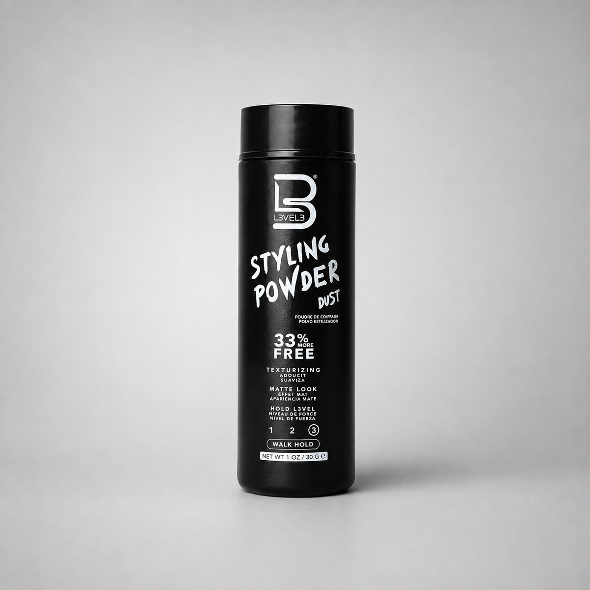 Bote de polvos de peinado fijación fuerte mate L3VEL3 Styling Powder Dust color negro 30 g