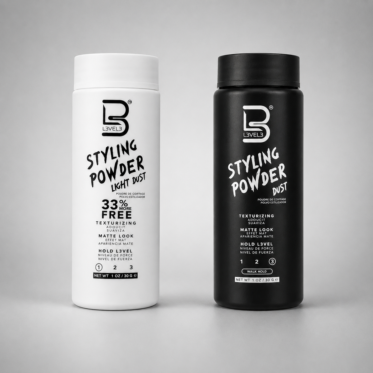 Botes de polvo voluminizador y texturizante L3VEL3 Styling Powder Dust blanco y negro de 30 g