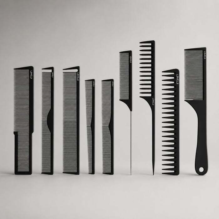 Set de 9 peines profesionales de peinado y corte L3VEL3 en color negro mate para barbería