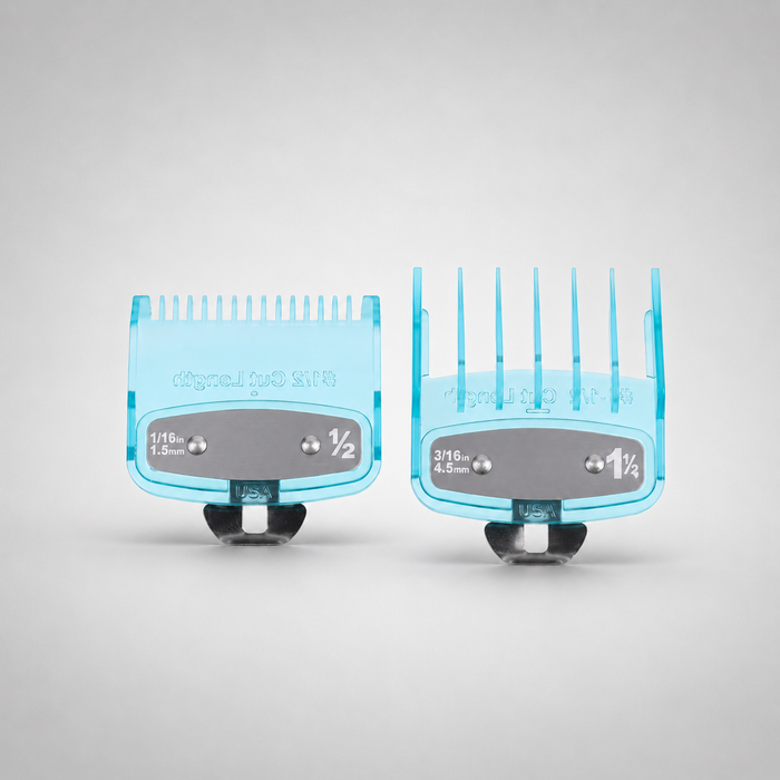 Set de dos peines guía premium medidas 0.5 y 1.5 en azul translúcido con clip metálico para máquina cortapelo
