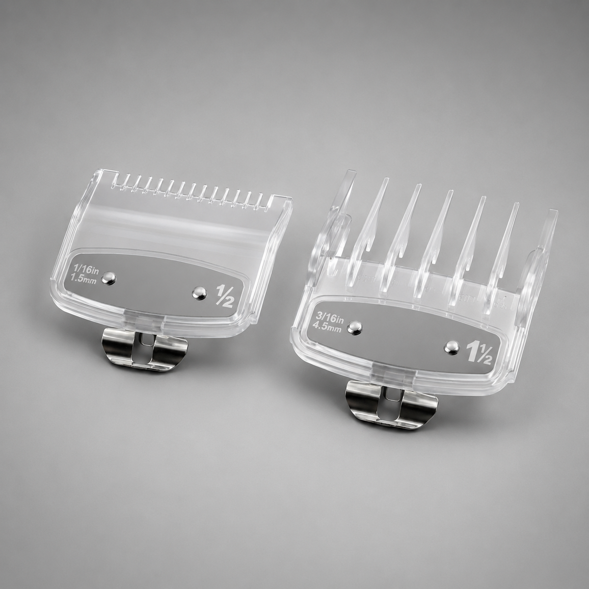 Set de dos peines guía premium números 0.5 y 1.5 transparentes con clip metálico para máquina cortapelo