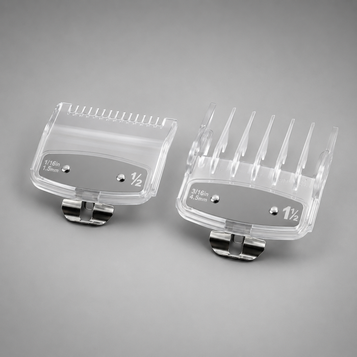Set de dos peines guía premium números 0.5 y 1.5 transparentes con clip metálico para máquina cortapelo