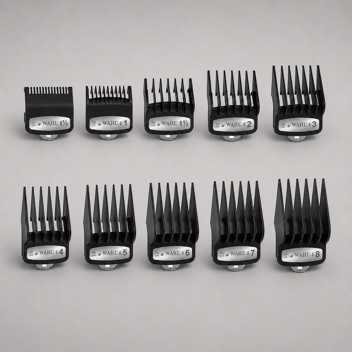 Juego de 10 peines guía premium Wahl de 1.5 a 25 mm con clip metálico para máquina cortapelo
