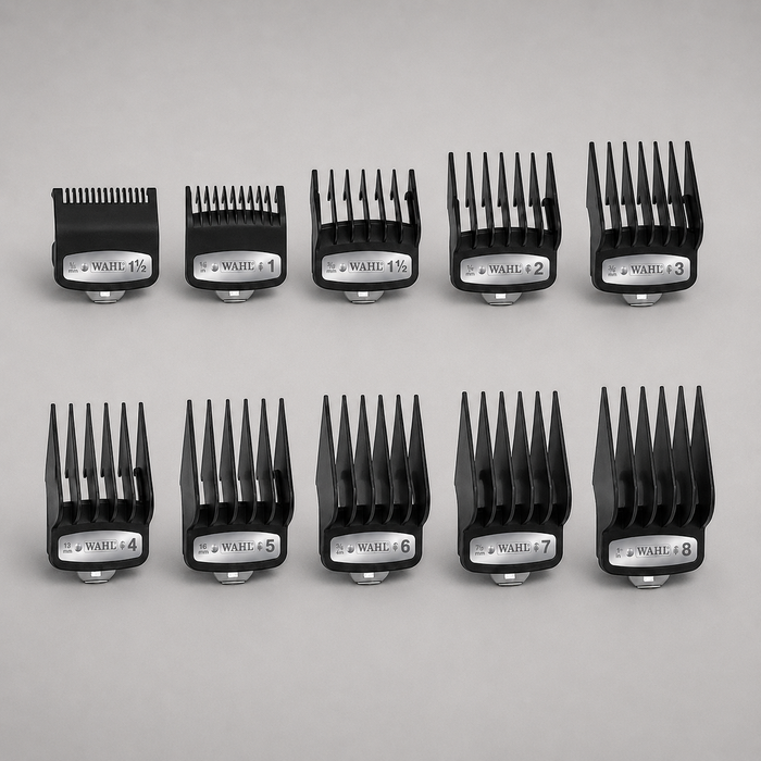 Juego de 10 peines guía premium Wahl de 1.5 a 25 mm con clip metálico para máquina cortapelo