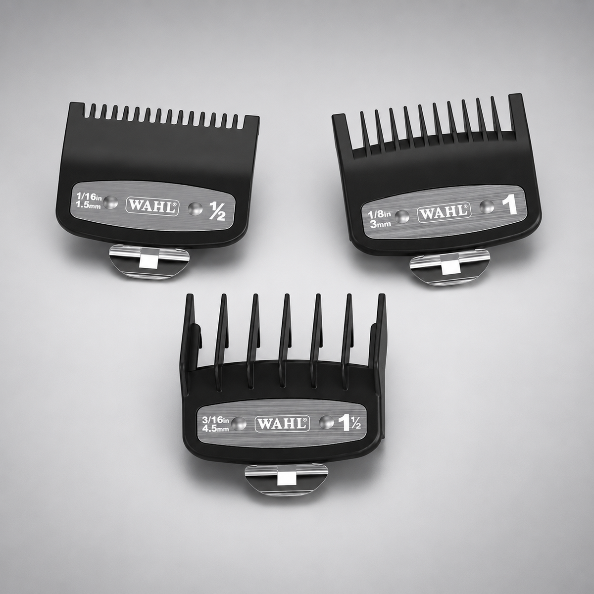 Set de 3 peines guía profesionales Wahl Premium con clip metálico en medidas 1.5 mm, 3 mm y 4.5 mm