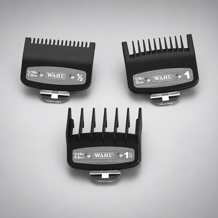 Set de 3 peines guía profesionales Wahl Premium con clip metálico en medidas 1.5 mm, 3 mm y 4.5 mm